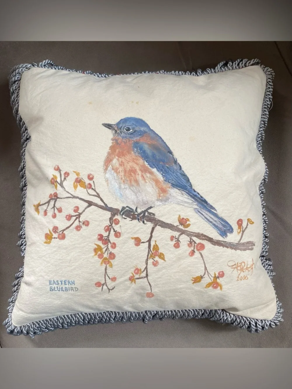 Pillow Hand Painted Eastern Bluebird by Jennifer Jones Rashleigh of RI.